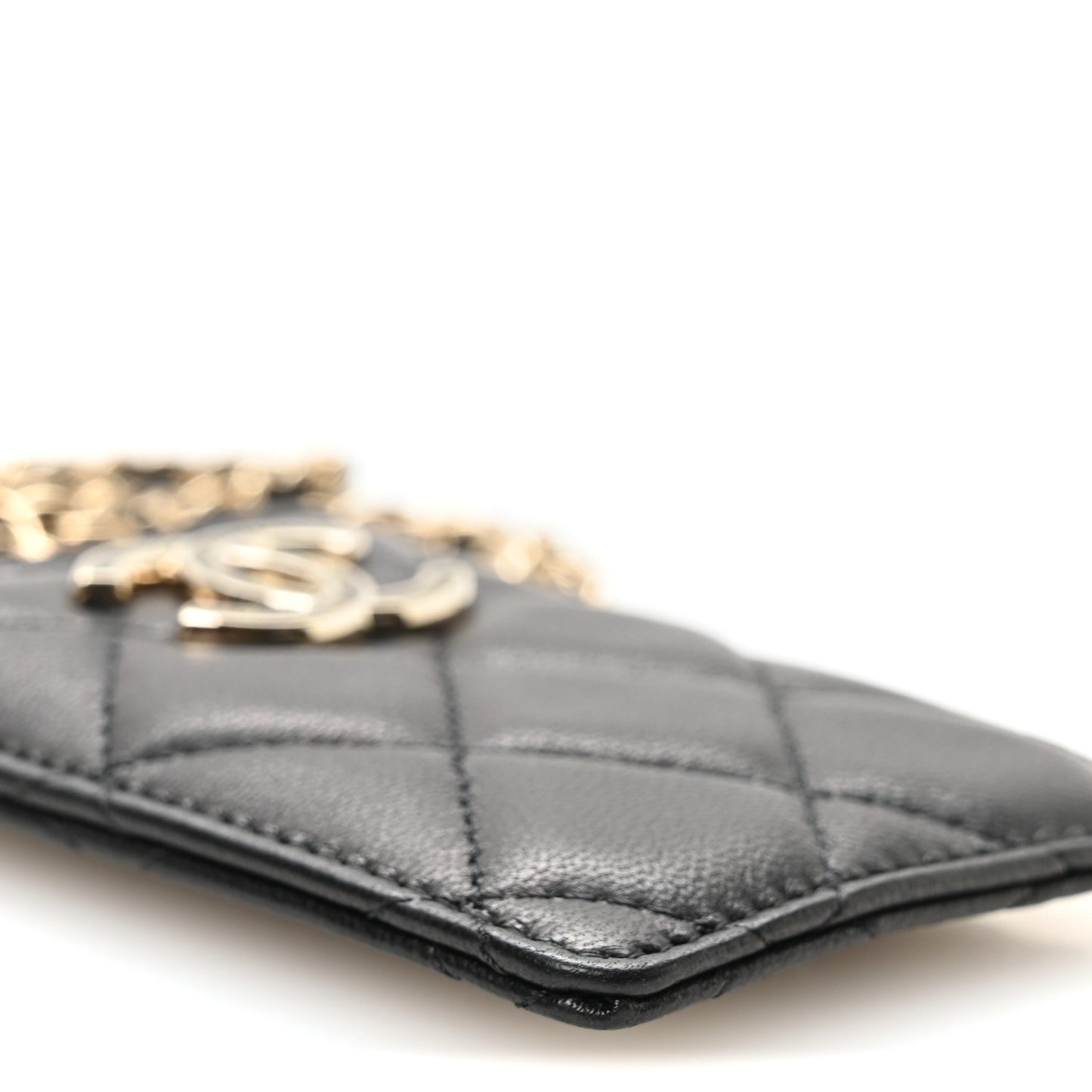 Lambskin Quilted Glitter Card Holder On Chain Black