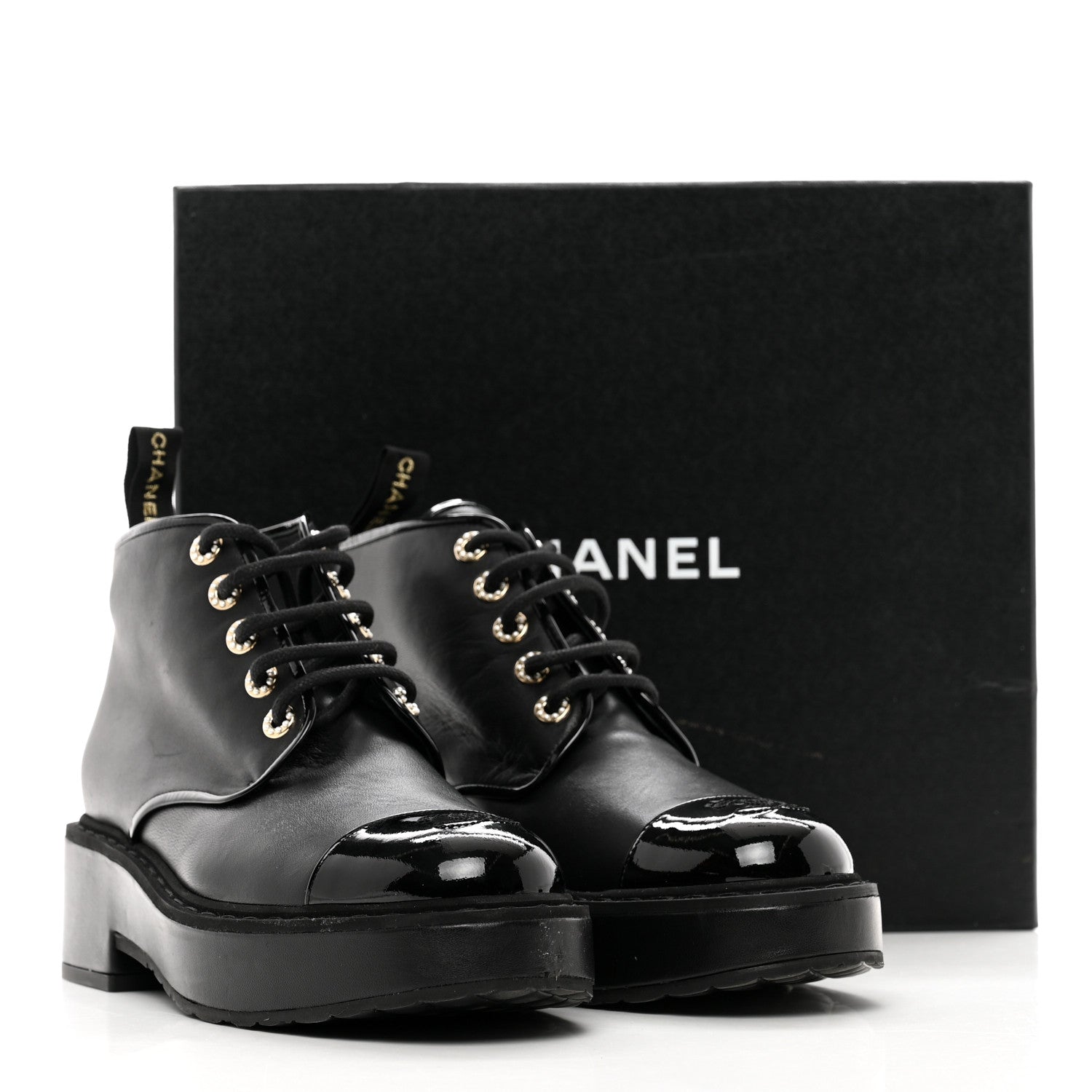 Chanel Shiny Calfskin Pearl Lace Up Combat Short Boots 41 Black 8 of 8