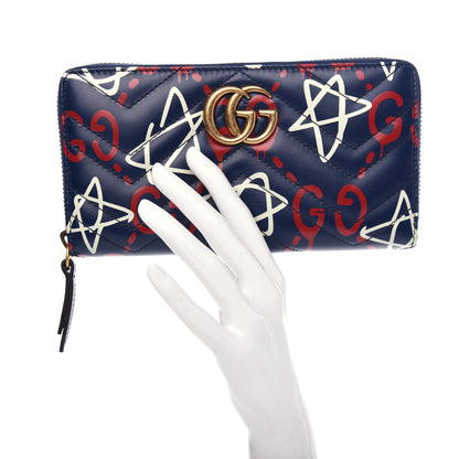 Gucci Calfskin Matelasse GucciGhost GG Marmont Zip Around Wallet Blue Agata Hibiscus Red 2 of 9