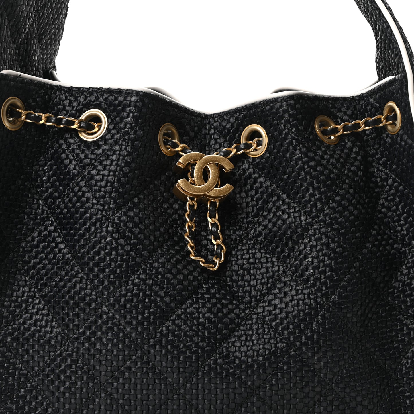 Braided Raffia Calfskin Quilted Small Chanel 25 Handbag Black White