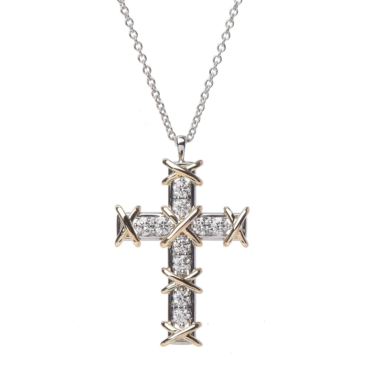Platinum 18K Yellow Gold Diamond Schlumberger Cross Pendant Necklace