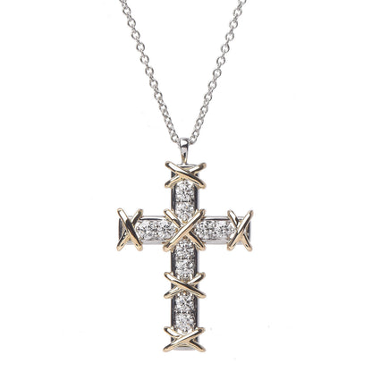 Tiffany Platinum 18K Yellow Gold Diamond Schlumberger Cross Pendant Necklace 4 of 8