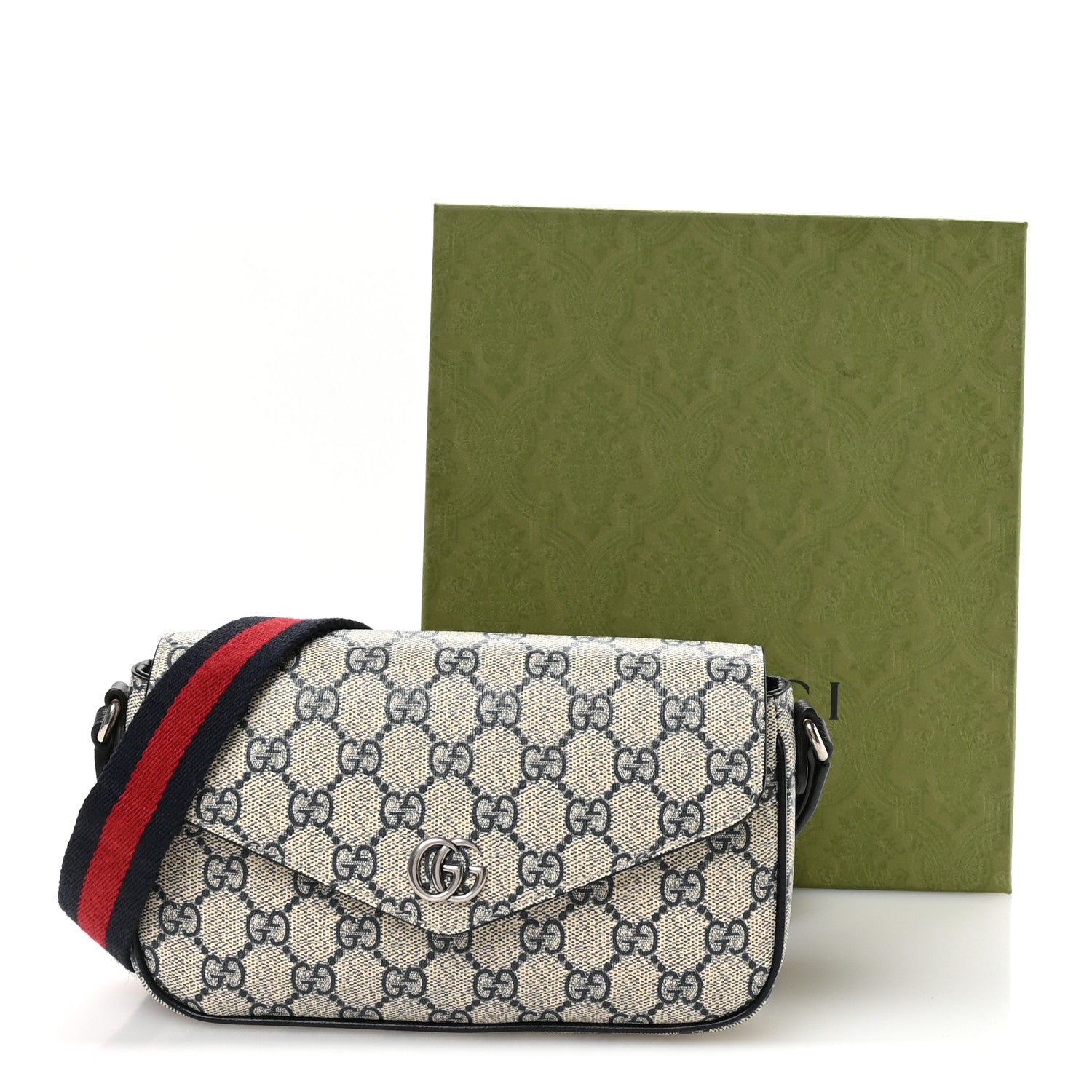 Gucci GG Supreme Monogram Textured Dollar Calfskin Web Mini Ophidia Envelope Shoulder Bag Beige Blue 11 of 11