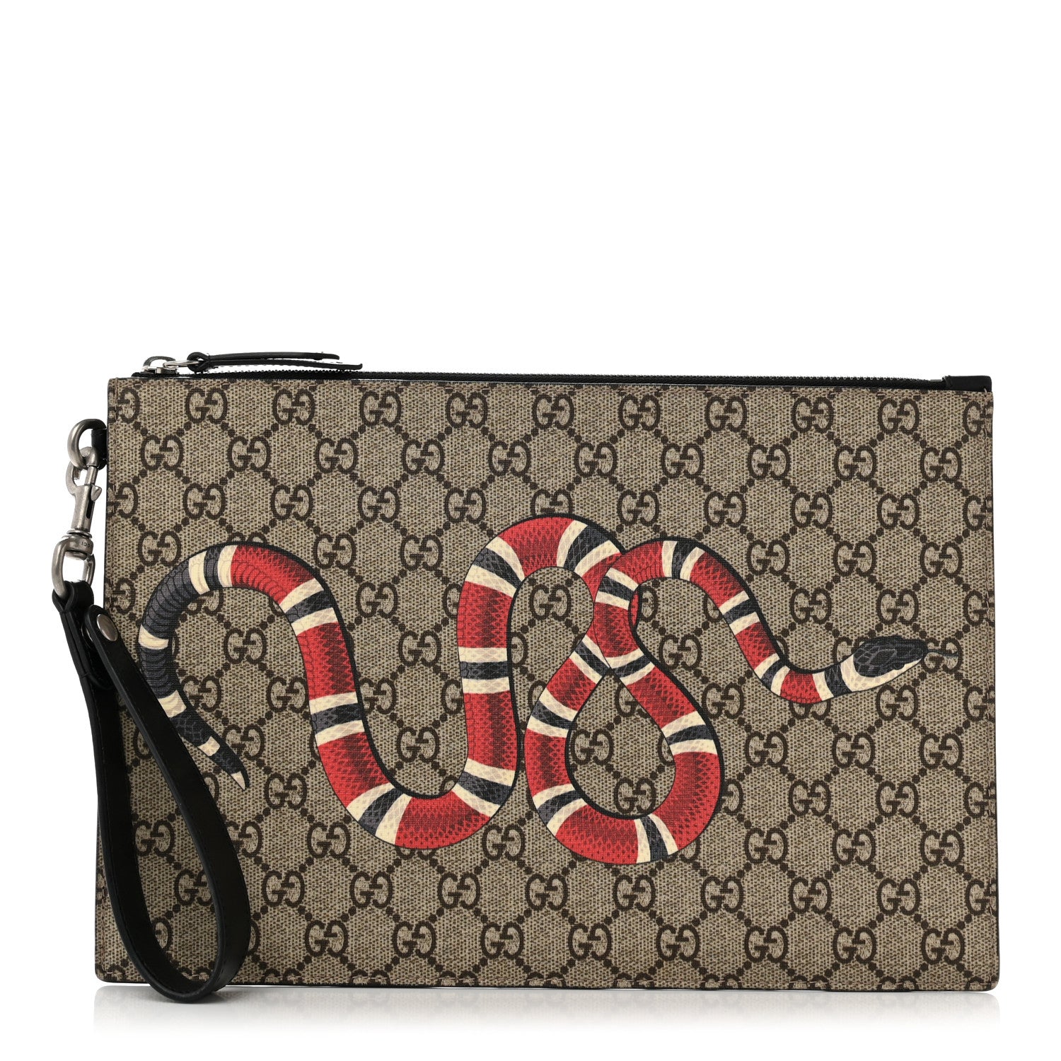 Gucci GG Supreme Monogram Kingsnake Zip Wristlet Pouch Beige Black 1 of 8