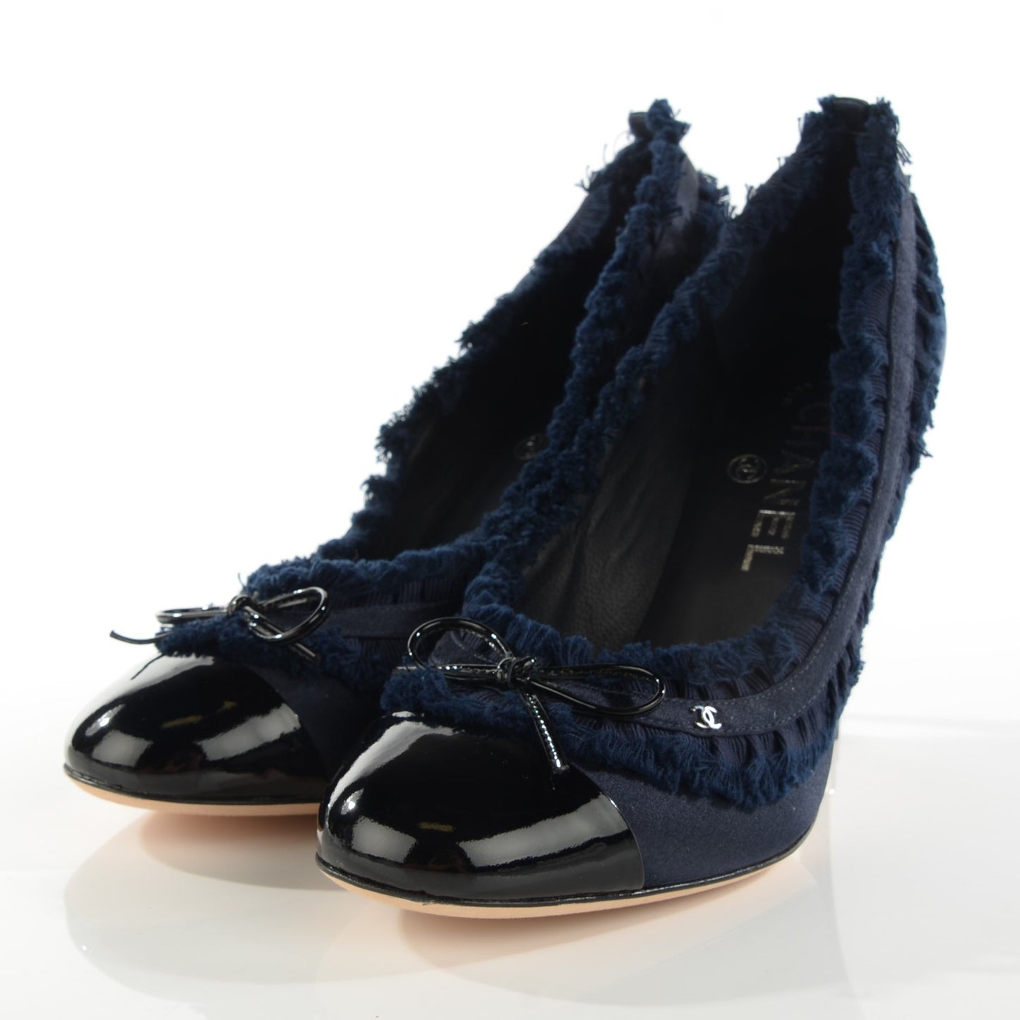 Patent Calfskin Satin Cap Toe Pumps 37.5 Navy Black