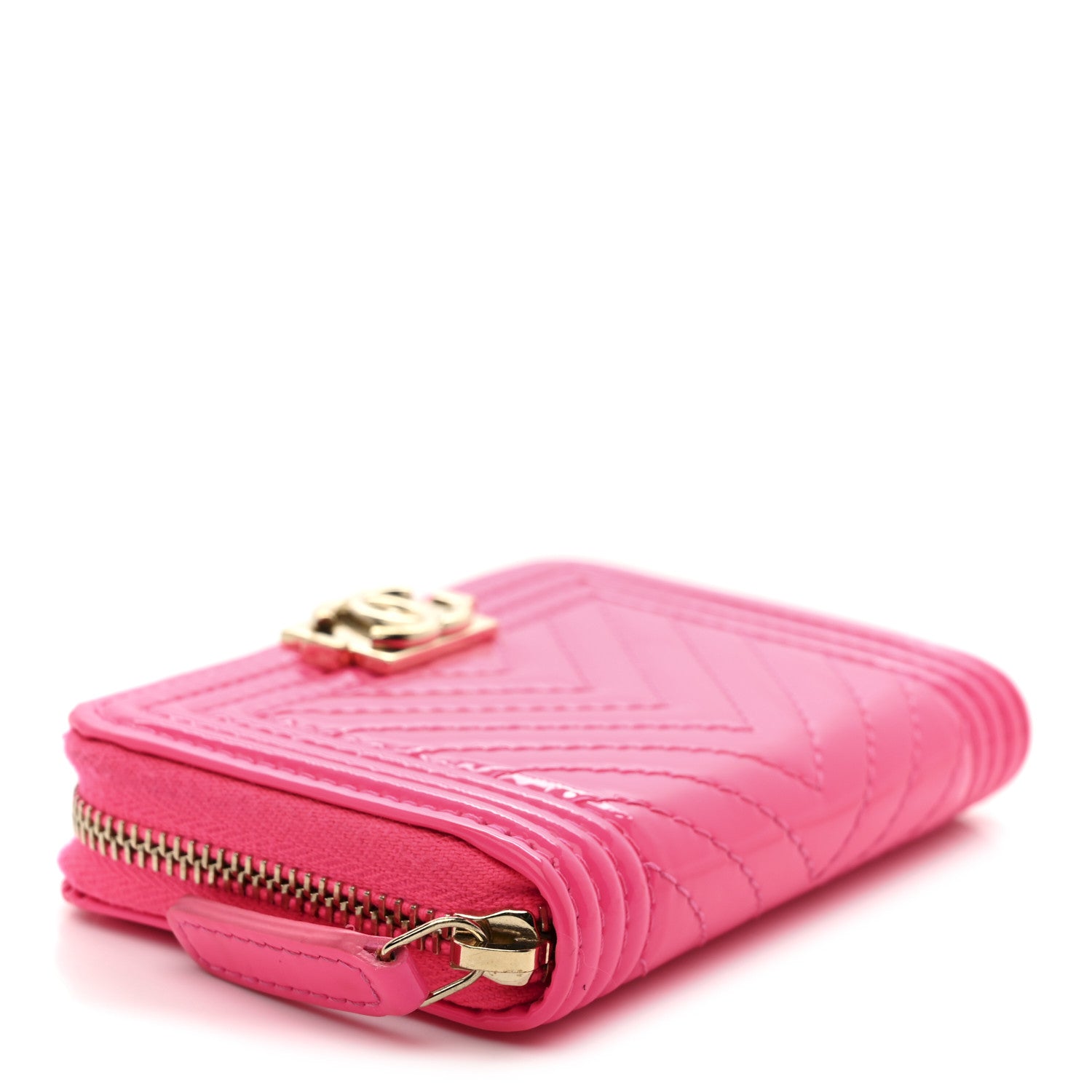 Chanel Patent Chevron Quilted Zip Around Boy Coin Purse Wallet Neon Pink 4 of 8
