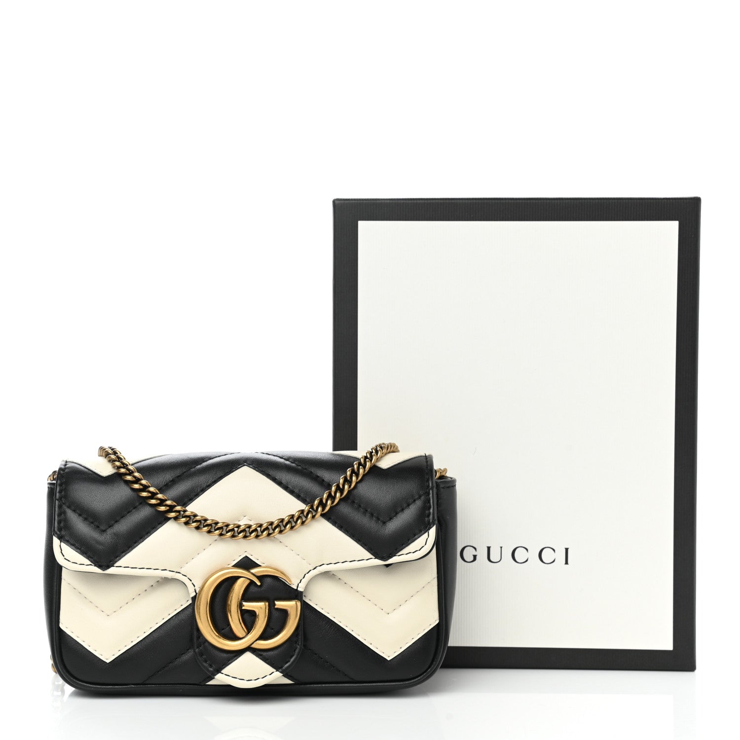 Gucci Calfskin Matelasse Super Mini GG Marmont Shoulder Bag Black White 10 of 10