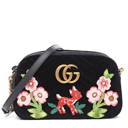 Gucci Velvet Matelasse Deer Embroidered Small GG Marmont Chain Shoulder Bag Black 1 of 9
