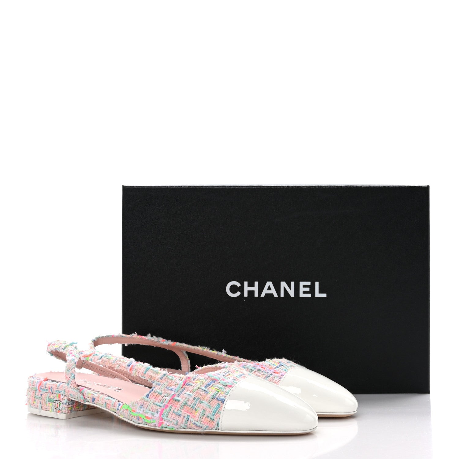 Chanel Tweed Patent Cap Toe Slingback Flats 38.5 Multicolor White 9 of 9