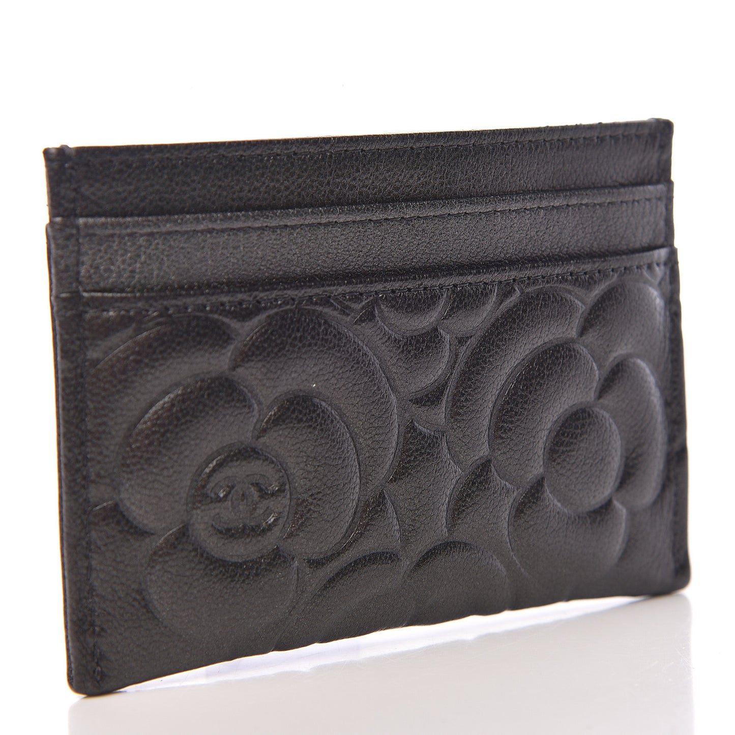 Goatskin Camellia Embossed Card Holder Grey