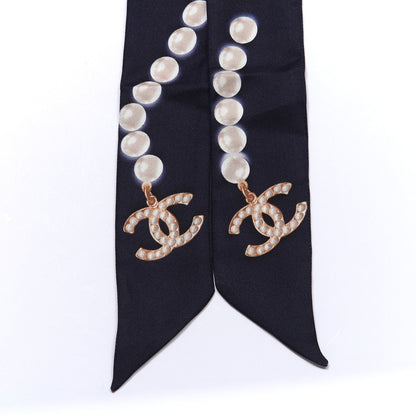 Chanel Silk Pearl CC Slim Bandeau Scarf Navy 2 of 3