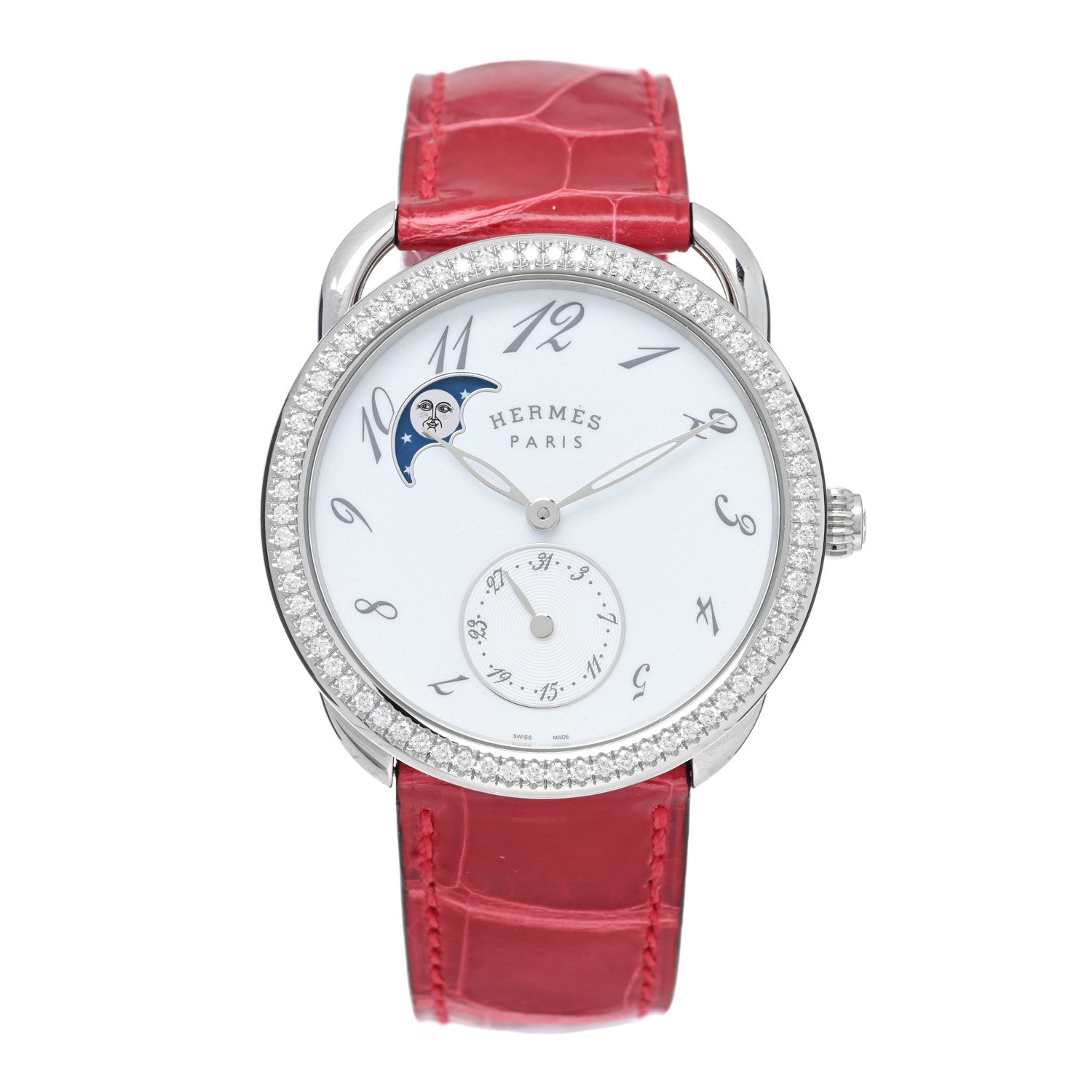 Hermes Stainless Steel Alligator Diamond Bezel 38mm Arceau Petite Lune Automatic Watch Braise 1 of 5