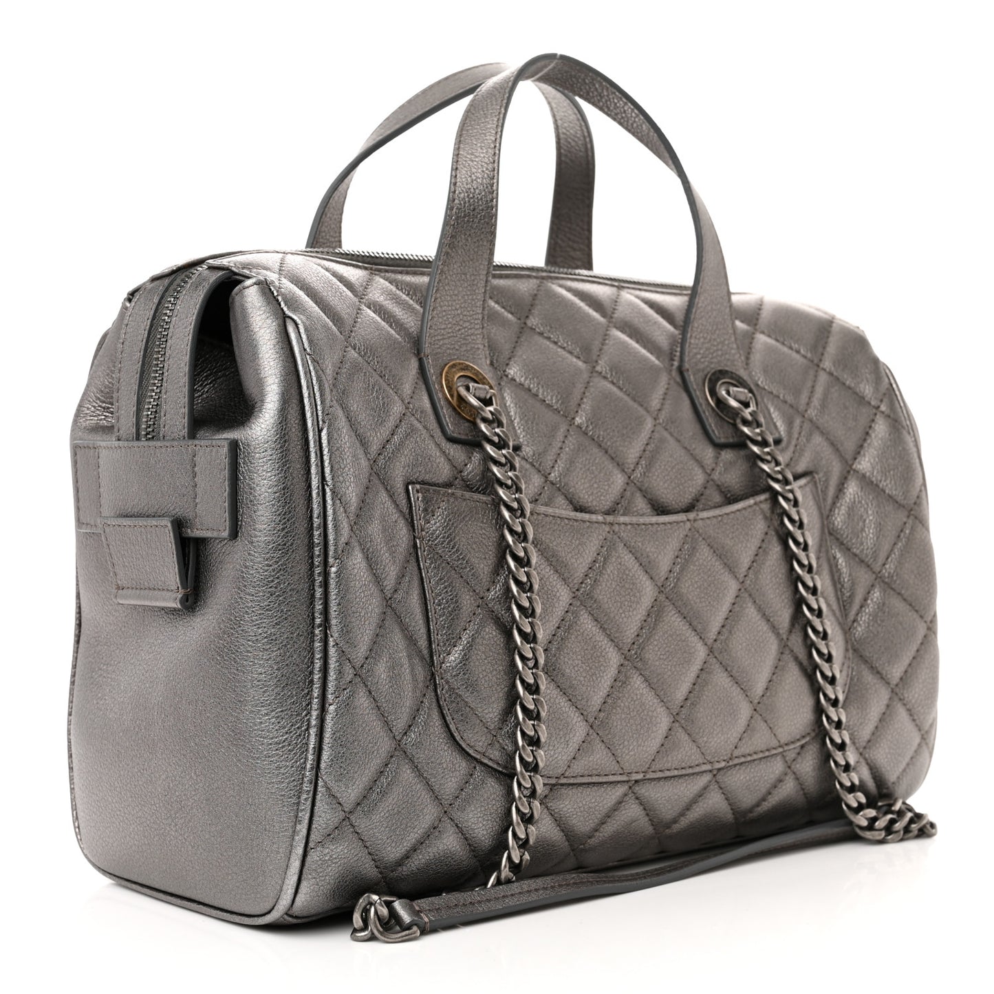 Metallic Grained Calfskin Quilted Large Casual Pocket Bowling Bag Silver