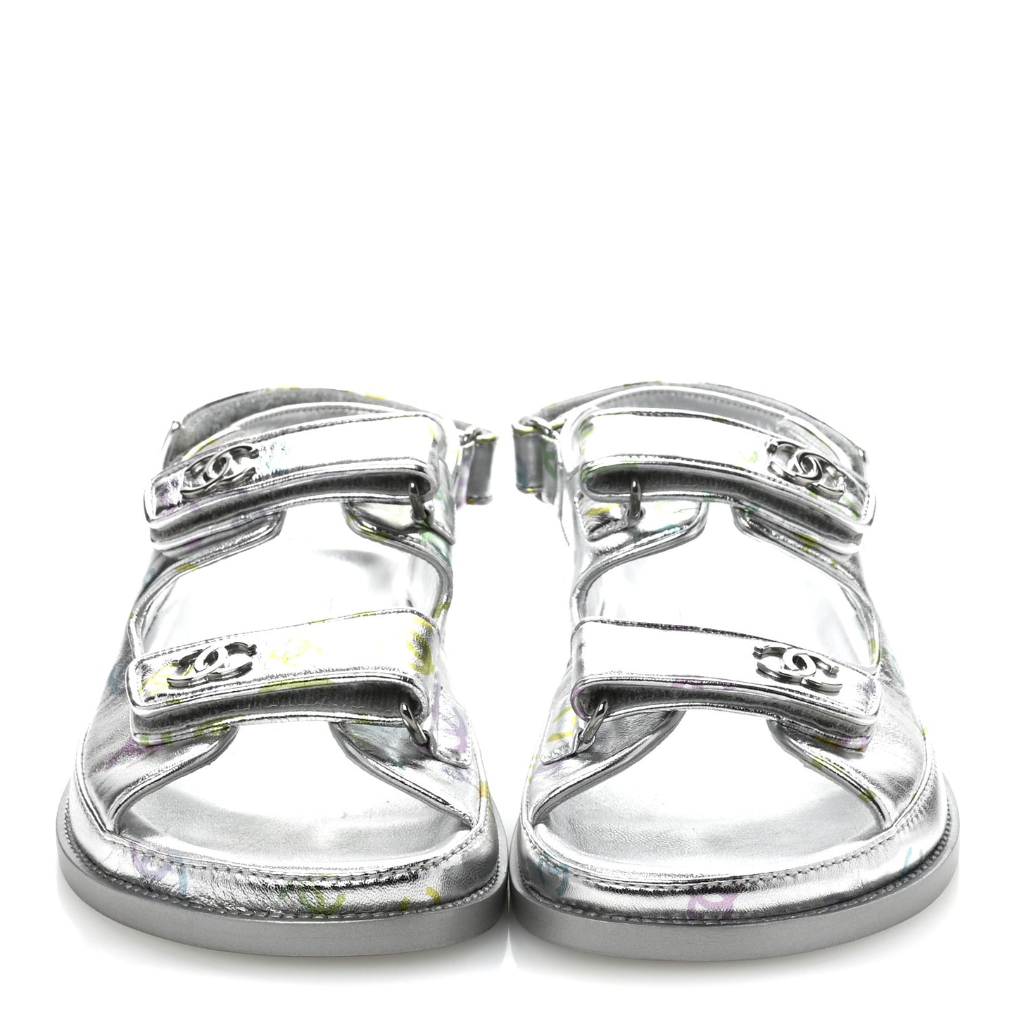 Laminated Lambskin Printed CC Dad Sandals 40 Silver Multicolor