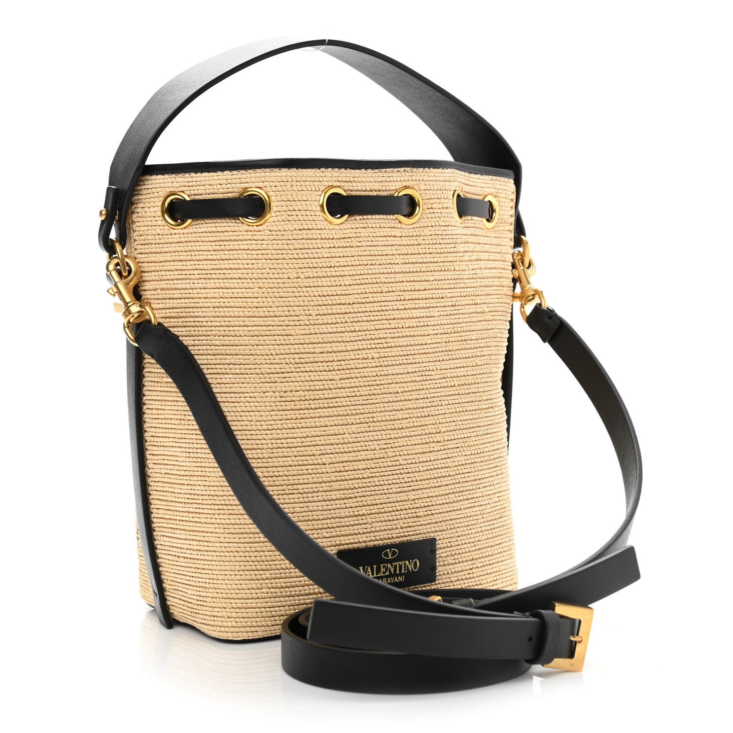 Raffia Vlogo Walk Bucket Bag Naturale Black