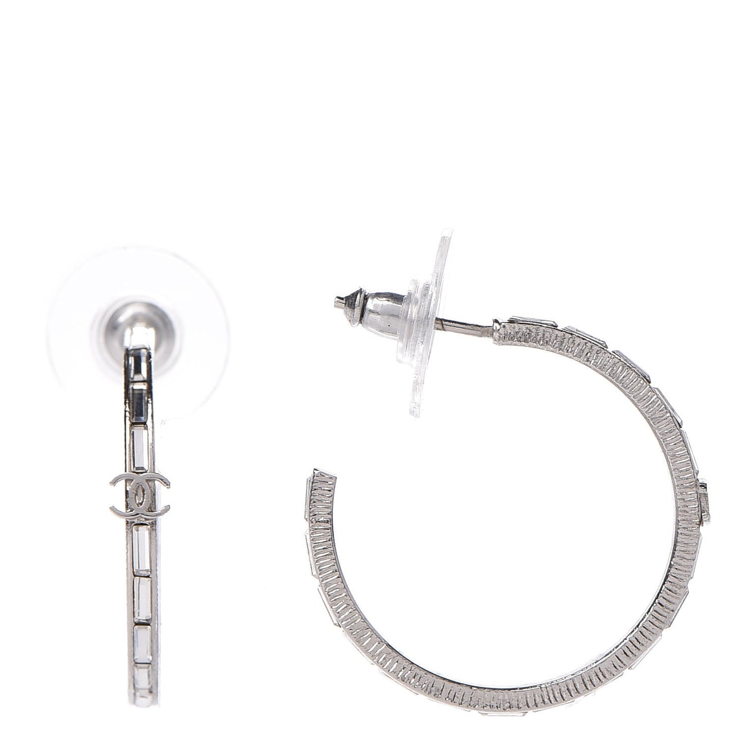 Baguette Crystal CC Hoop Earrings Silver