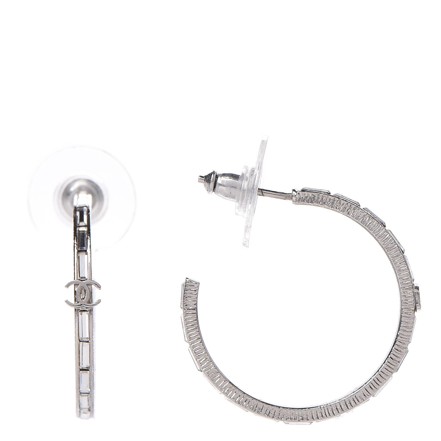 Chanel Baguette Crystal CC Hoop Earrings Silver 1 of 4