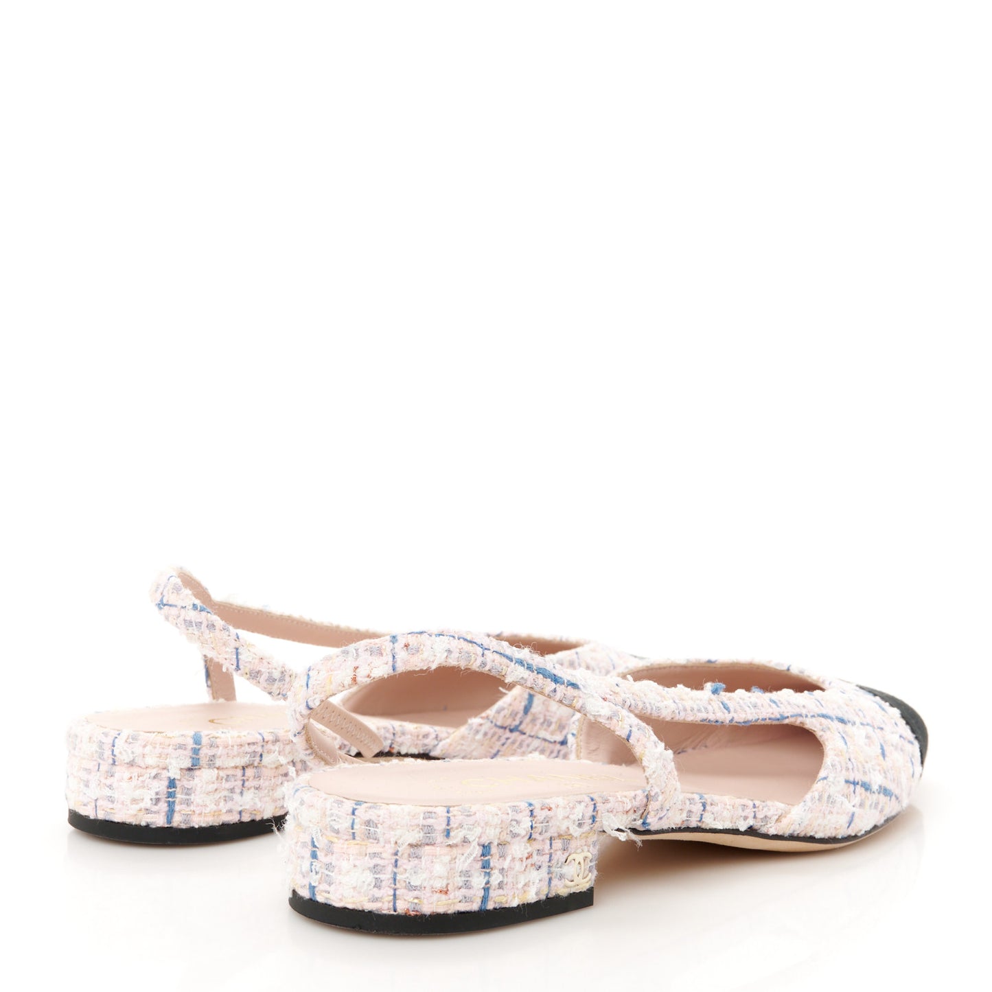 Tweed Grosgrain Cap Toe Slingback Flats 39 White Blue Pink