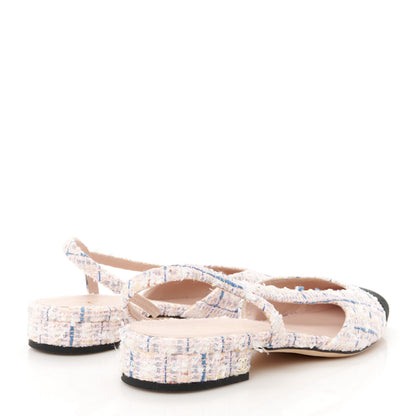 Chanel Tweed Grosgrain Cap Toe Slingback Flats 39 White Blue Pink 5 of 10