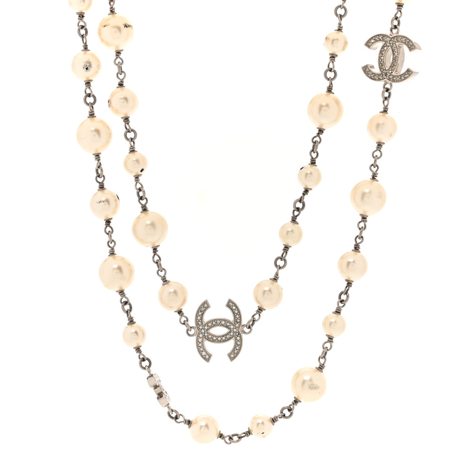 Chanel Crystal Pearl CC Long Necklace Silver 1 of 7