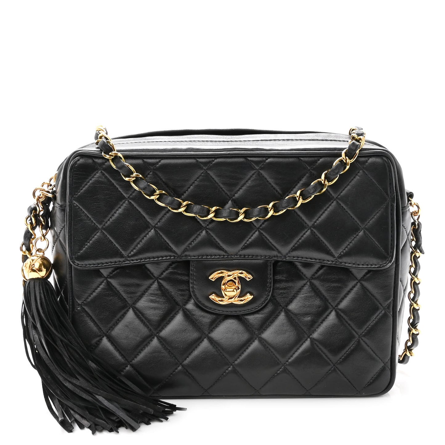 Lambskin Quilted Tassel Camera Case Black