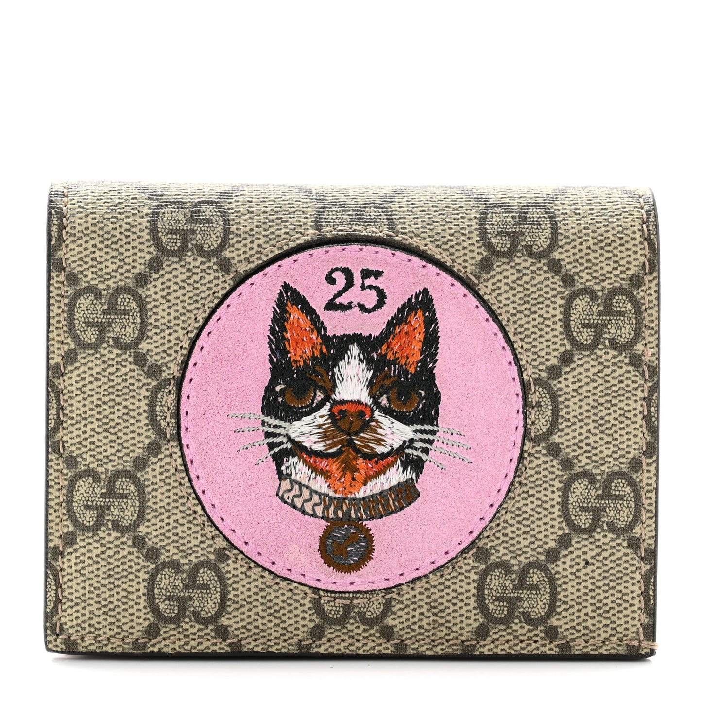 GG Supreme Monogram Bosco Patch Card Case Wallet Beige Malva Hibiscus Red