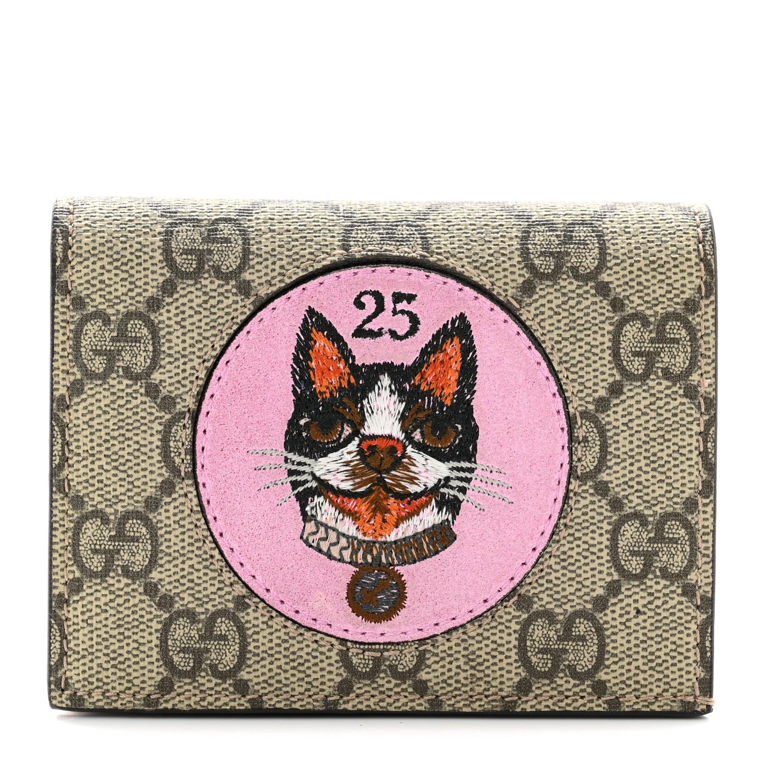 Gucci GG Supreme Monogram Bosco Patch Card Case Wallet Beige Malva Hibiscus Red 1 of 8
