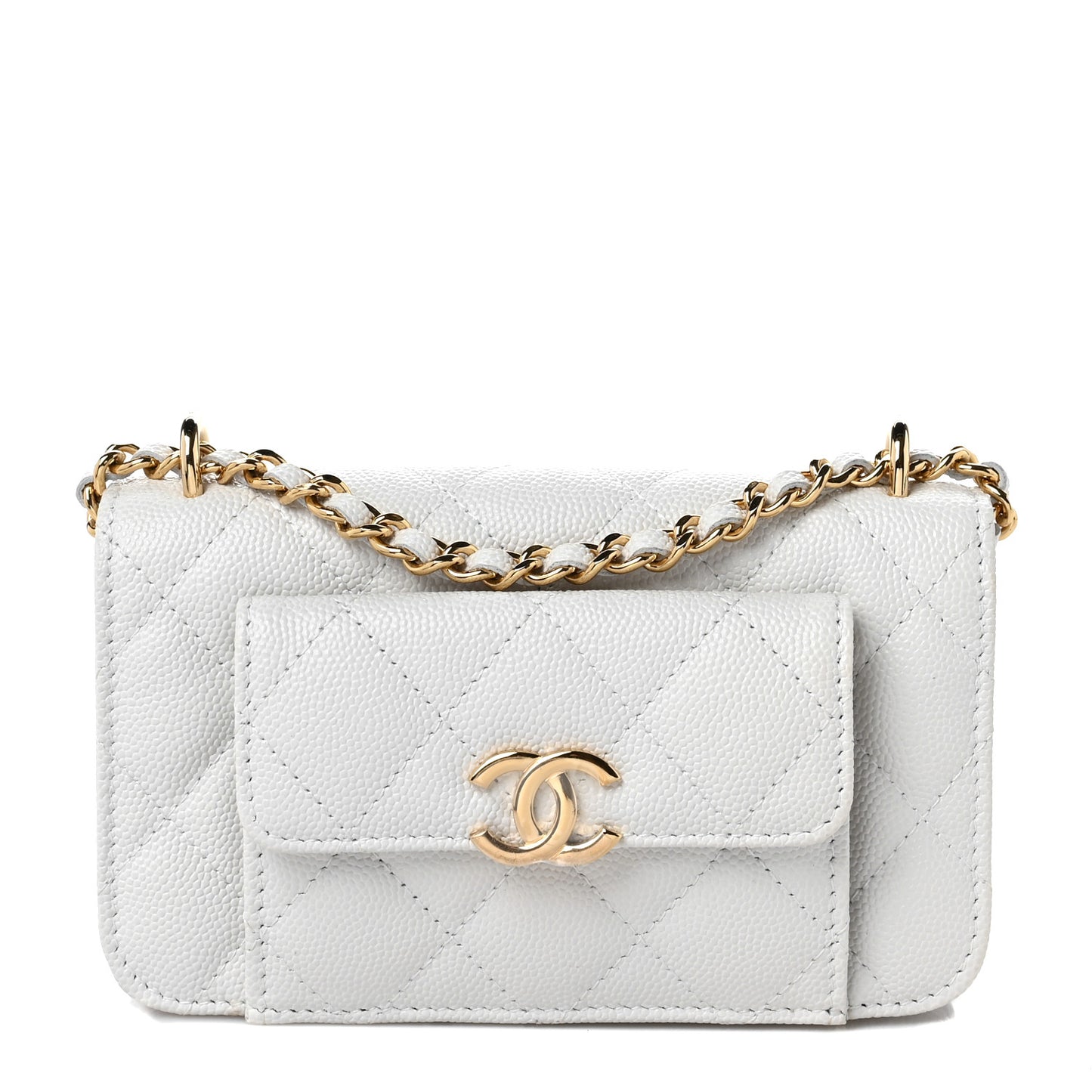 Caviar Quilted Pocket Twins Clutch With Chain White