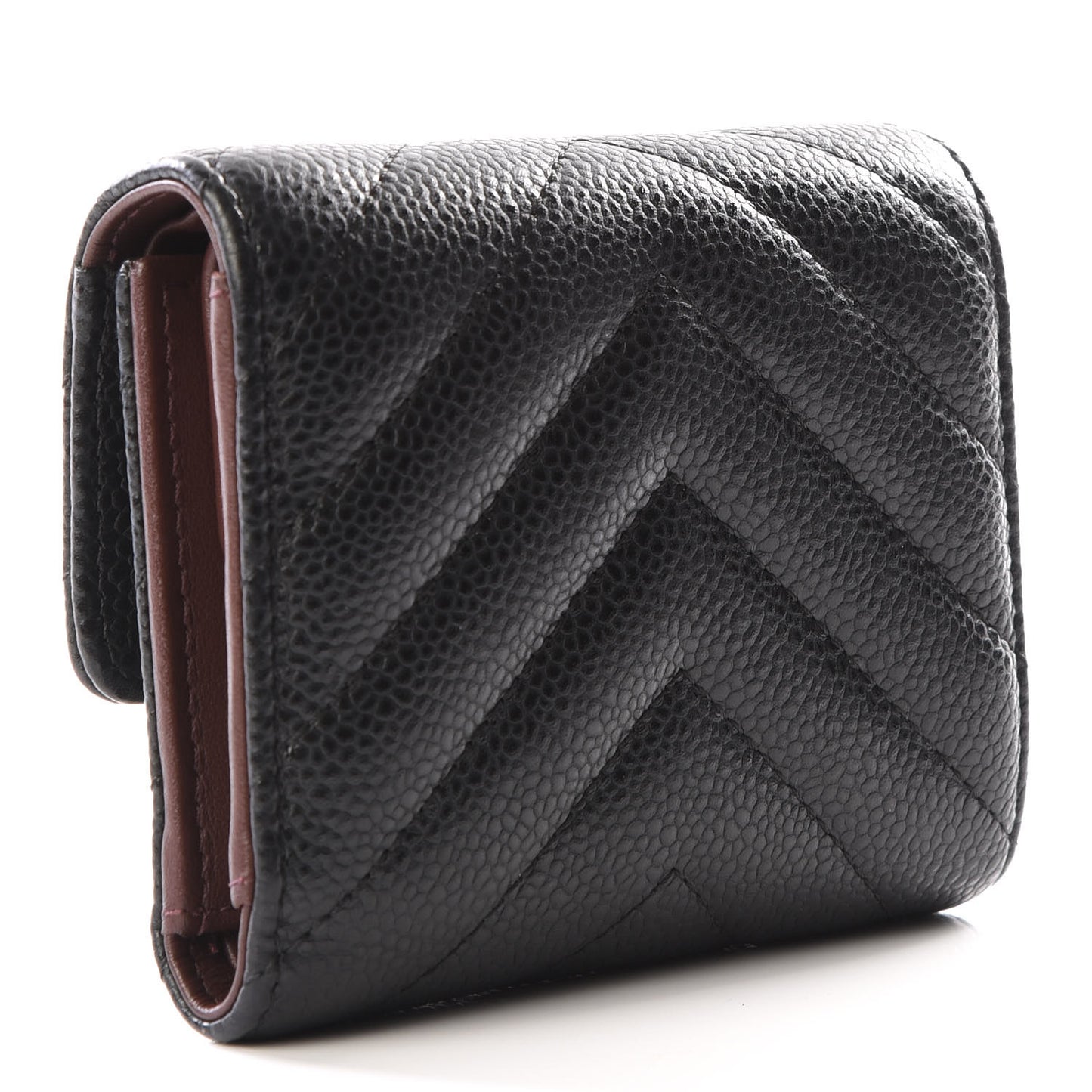 Caviar Chevron Quilted Compact Flap Wallet Black