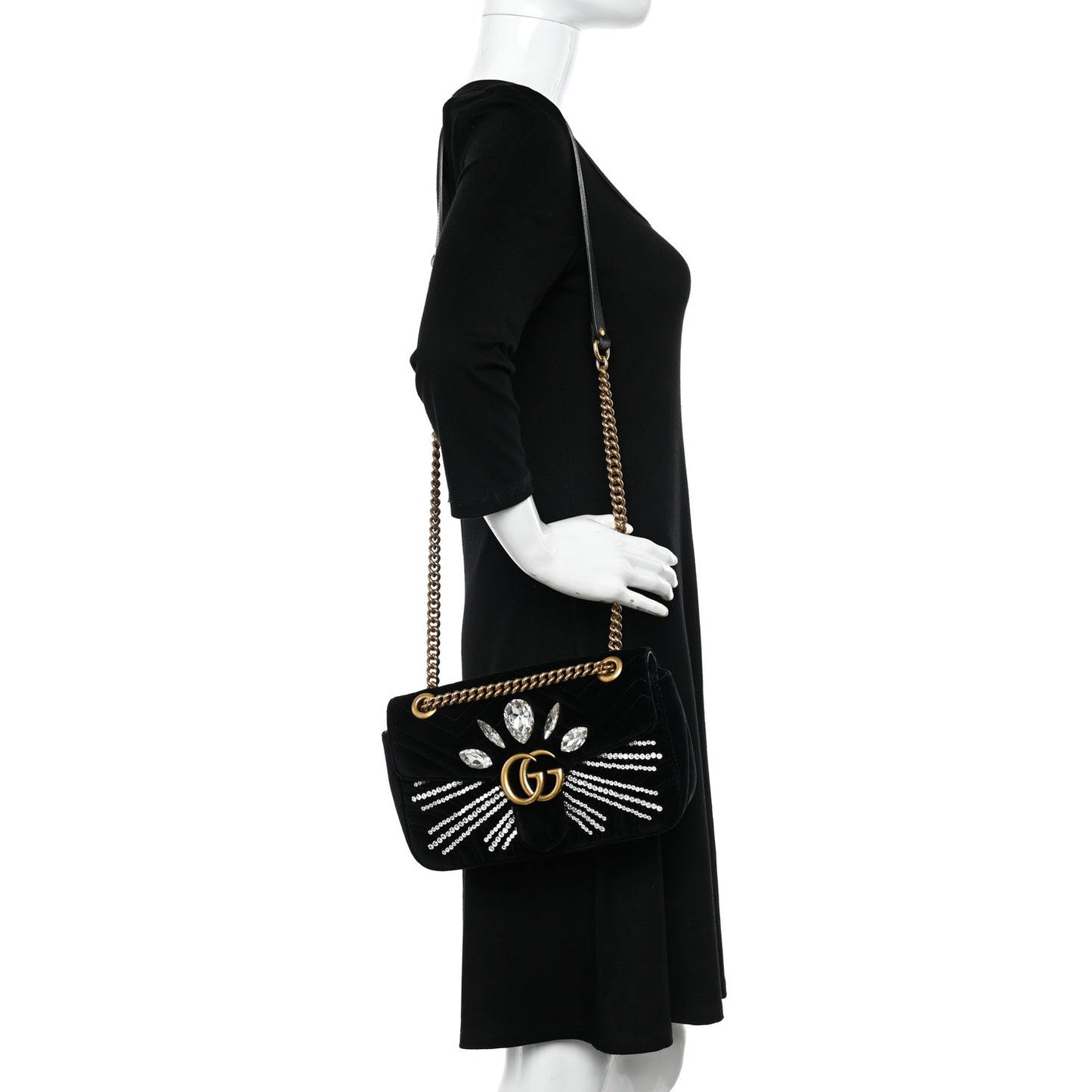 Velvet Matelasse Marquise Crystals Embroidered Small GG Marmont Shoulder Bag Black