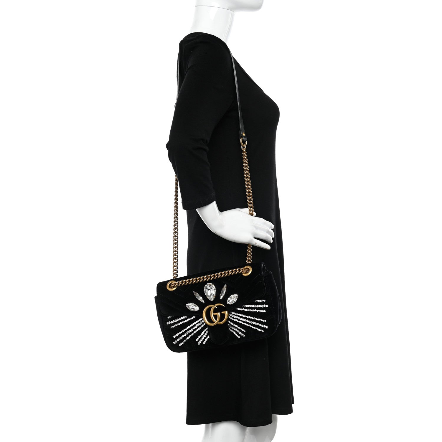 Gucci Velvet Matelasse Marquise Crystals Embroidered Small GG Marmont Shoulder Bag Black 2 of 10