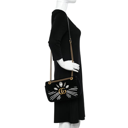 Gucci Velvet Matelasse Marquise Crystals Embroidered Small GG Marmont Shoulder Bag Black 2 of 10