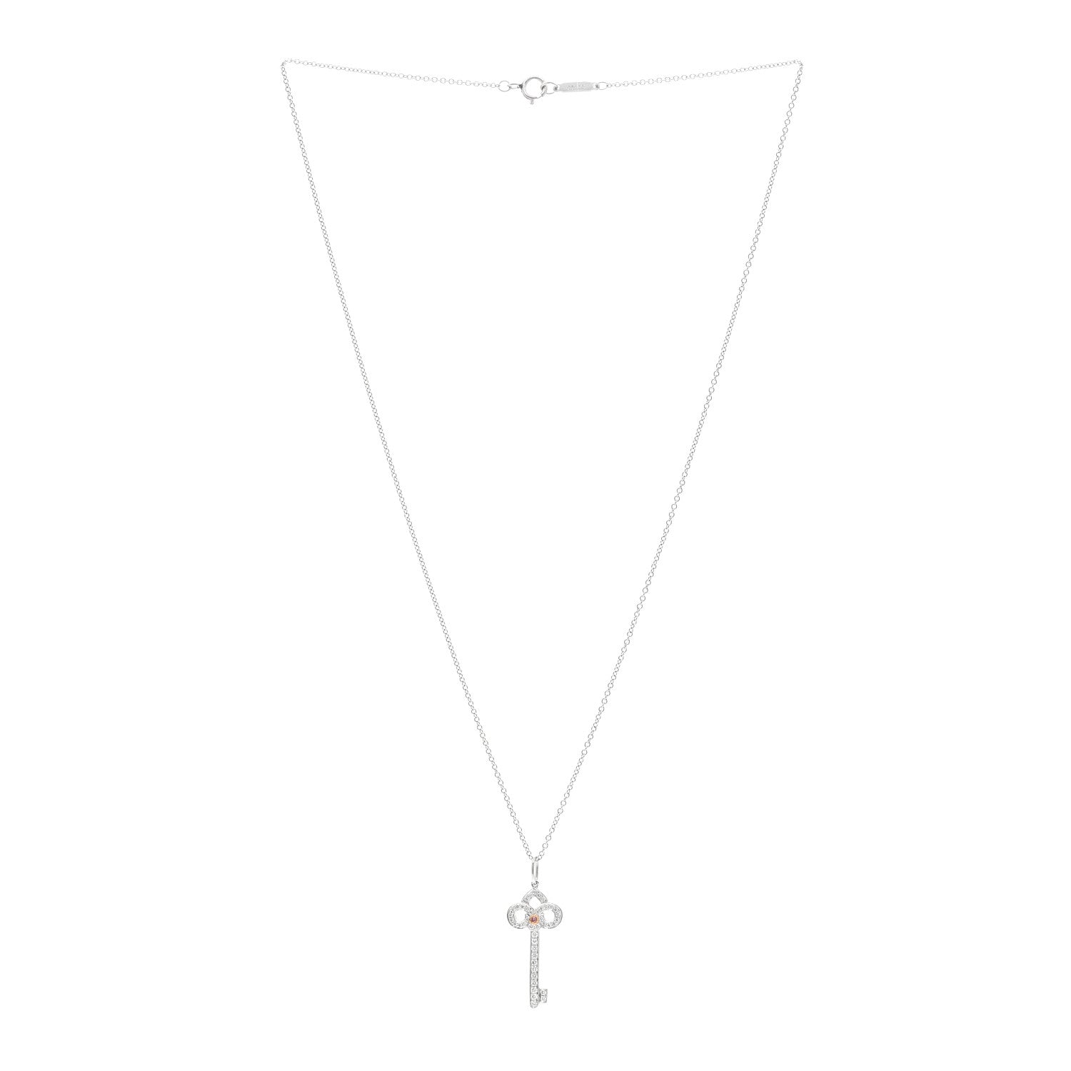 Tiffany Platinum 18K Rose Gold Pink Diamond Fleur De Lis Key Pendant Necklace 3 of 5
