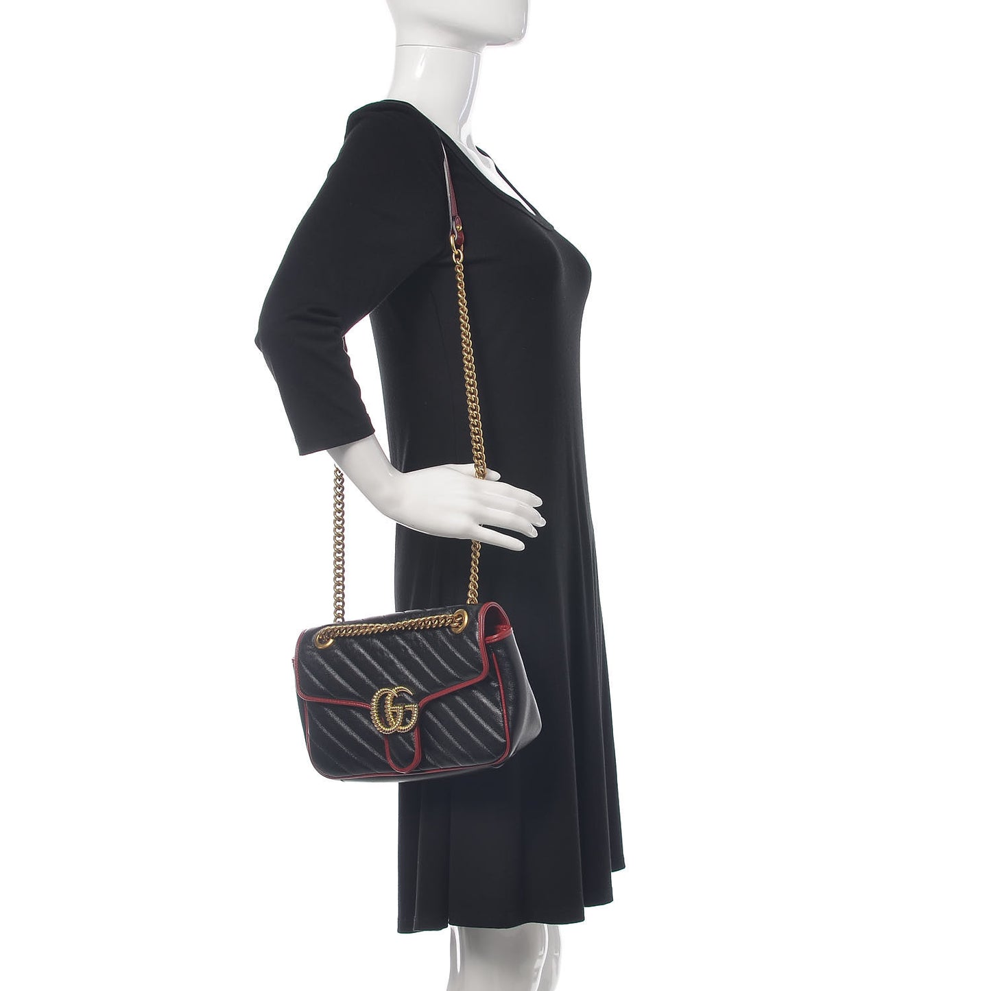 Vintage Effect Calfskin Matelasse Diagonal Small Torchon GG Marmont Shoulder Bag Black Romantic Cherry