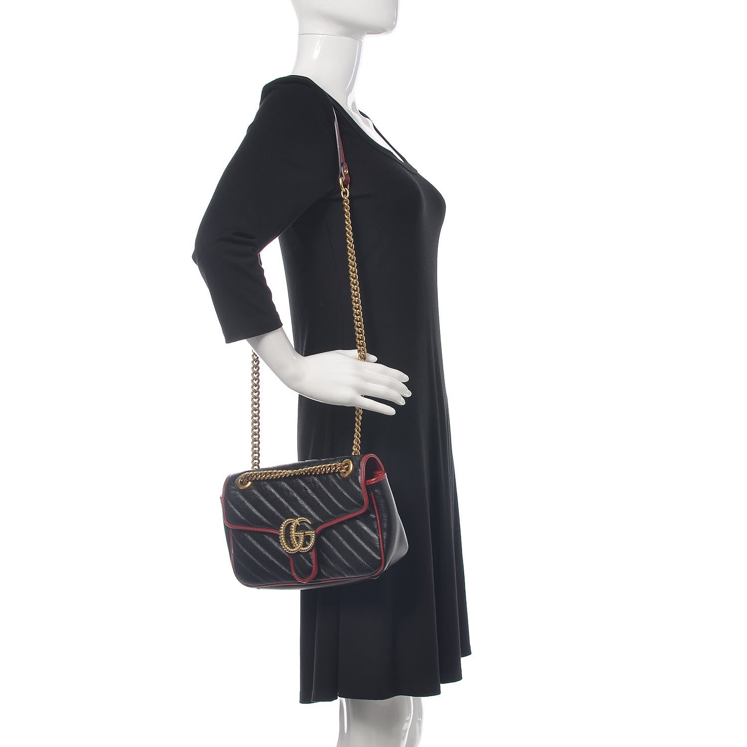 Gucci Vintage Effect Calfskin Matelasse Diagonal Small Torchon GG Marmont Shoulder Bag Black Romantic Cherry 2 of 10