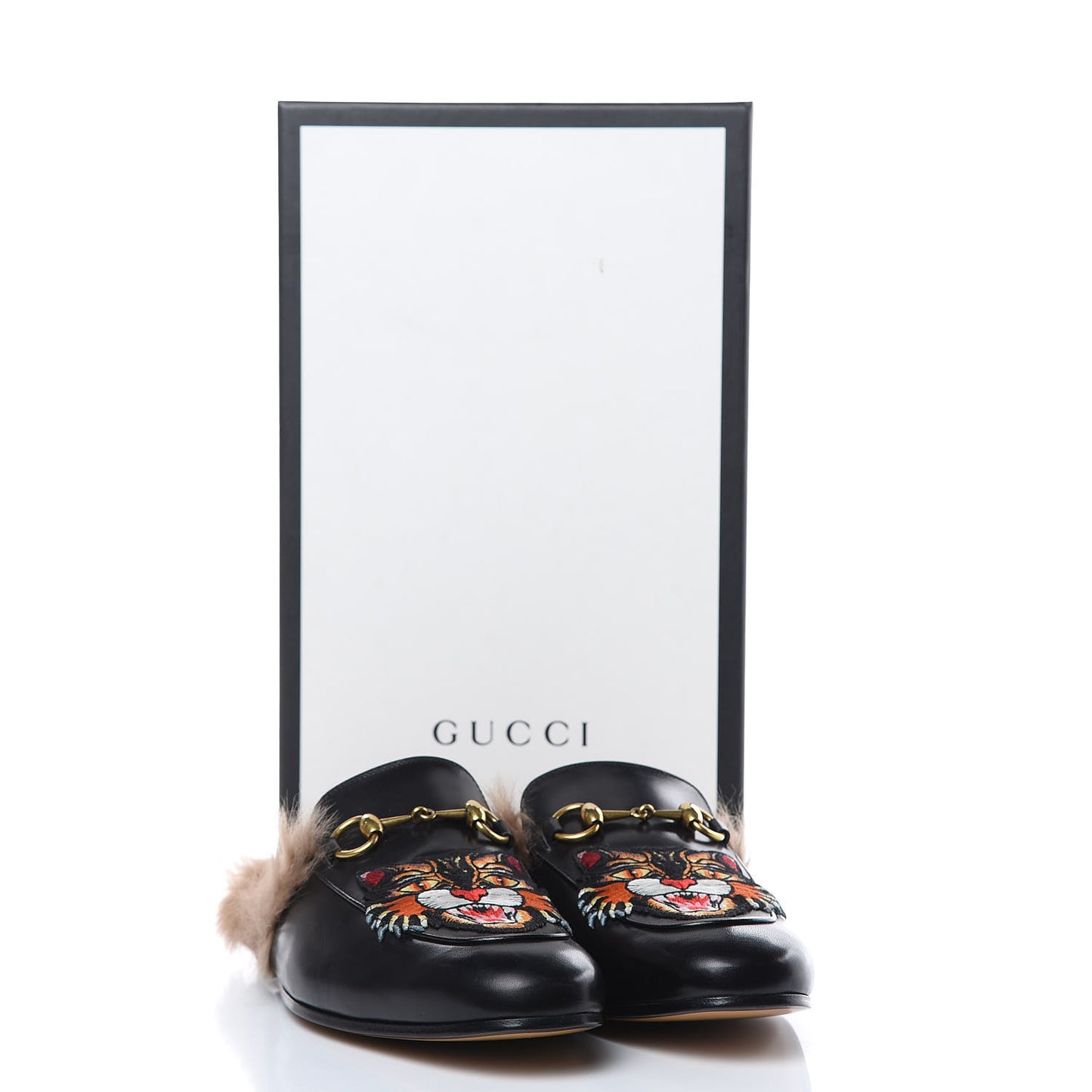 Calfskin Fur Angry Cat Embroidered Mens Princetown Slippers 7 Black