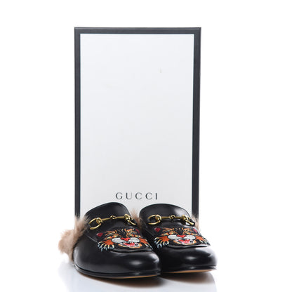 Gucci Calfskin Fur Angry Cat Embroidered Mens Princetown Slippers 7 Black 8 of 9