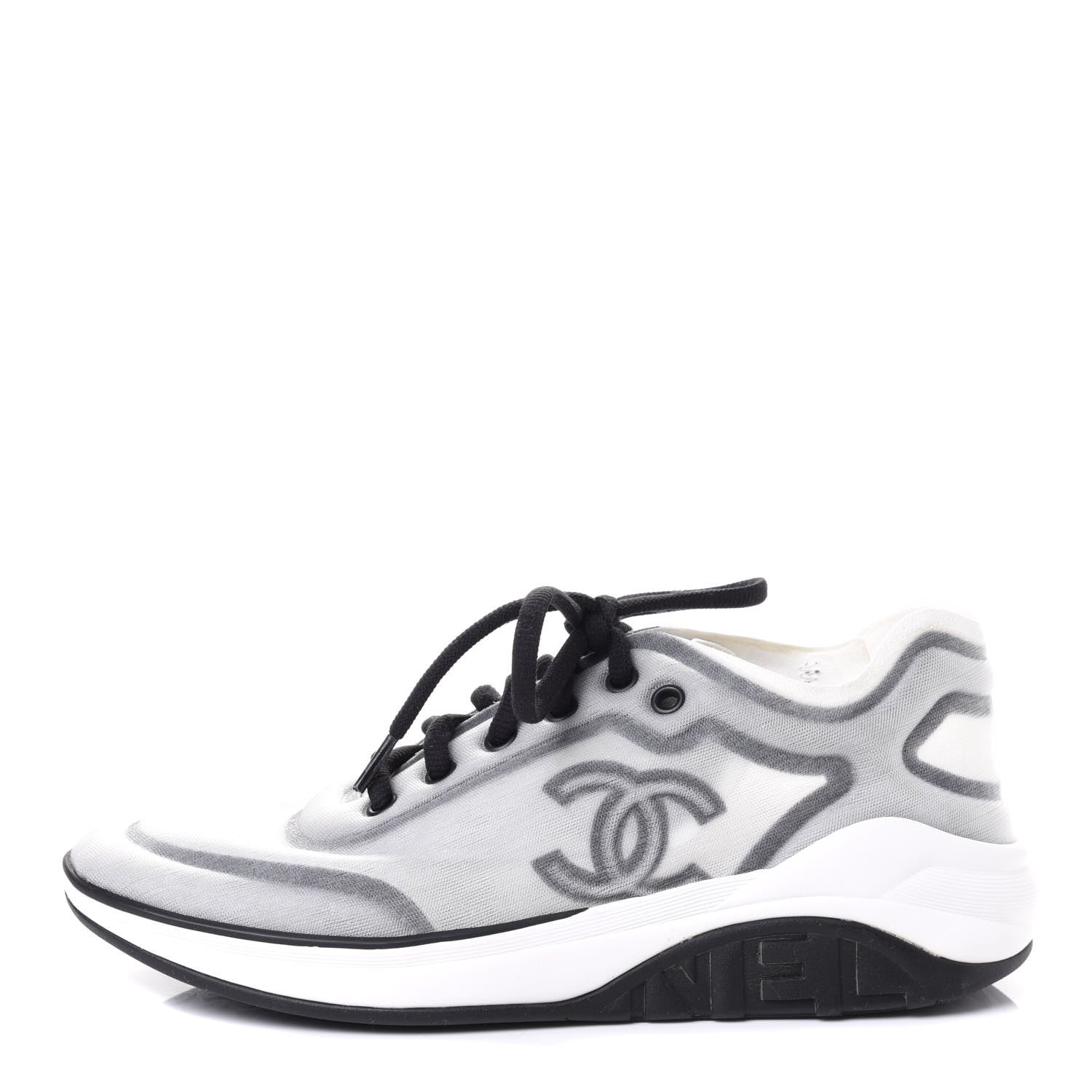 Chanel Calfskin Mesh Lycra Womens Logo Sneakers 38.5 White Black 1 of 4