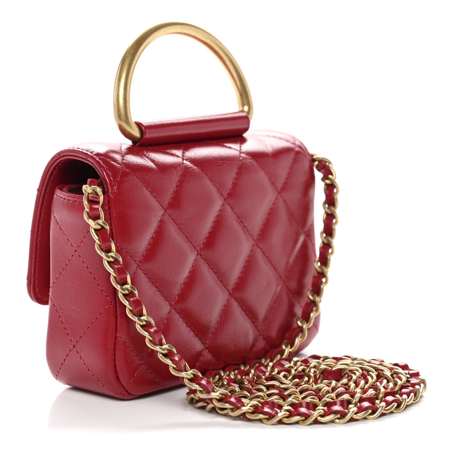 Chanel Shiny Lambskin Quilted Mini Metal Top Handle Clutch With Chain  Red 3 of 12