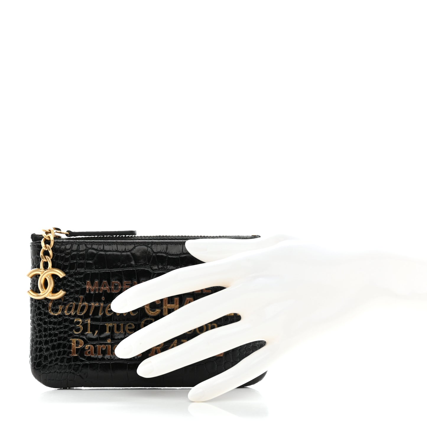 Calfskin Crocodile Embossed Mademoiselle Gabrielle Signature Pouch Black Gold