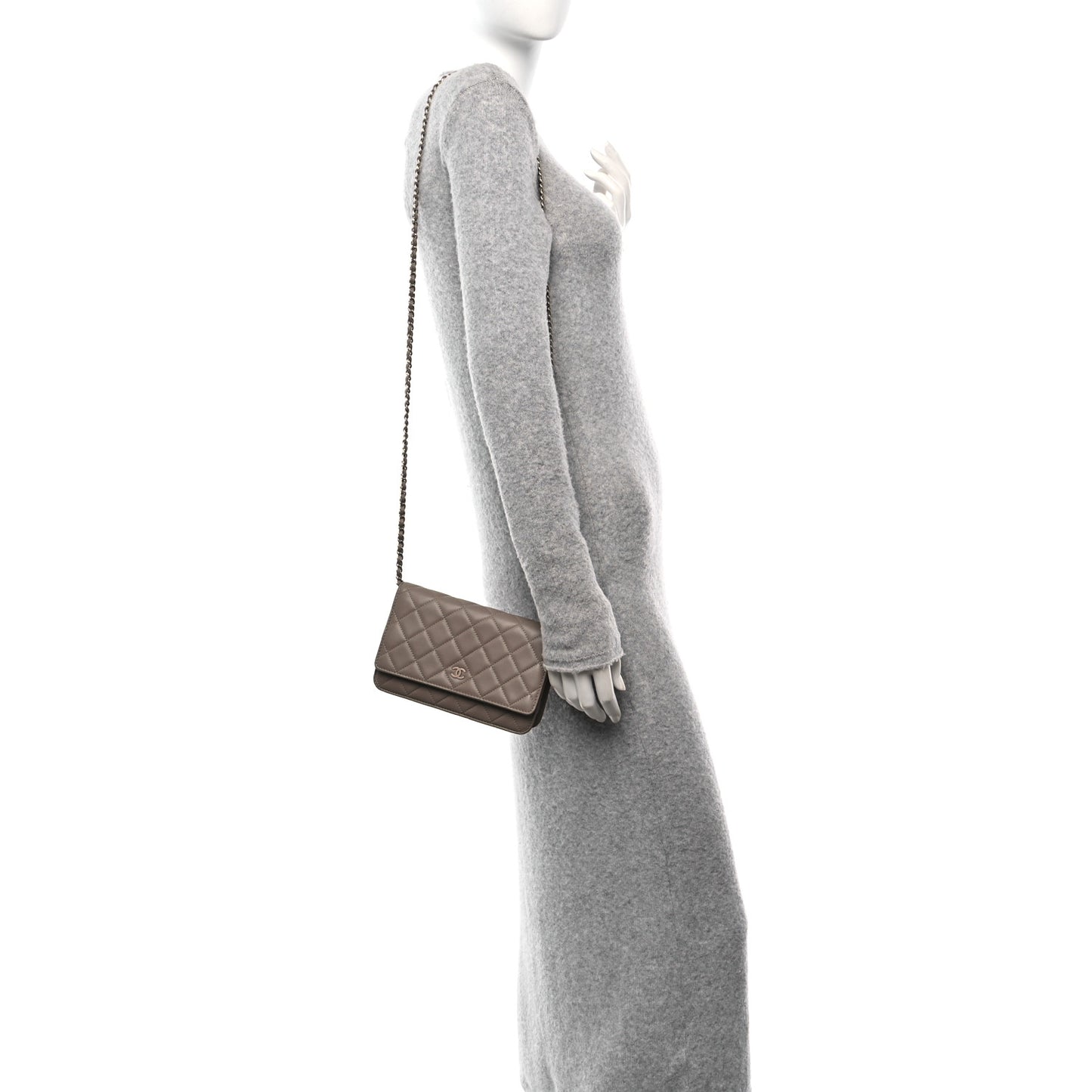 Lambskin Quilted Wallet On Chain WOC Taupe
