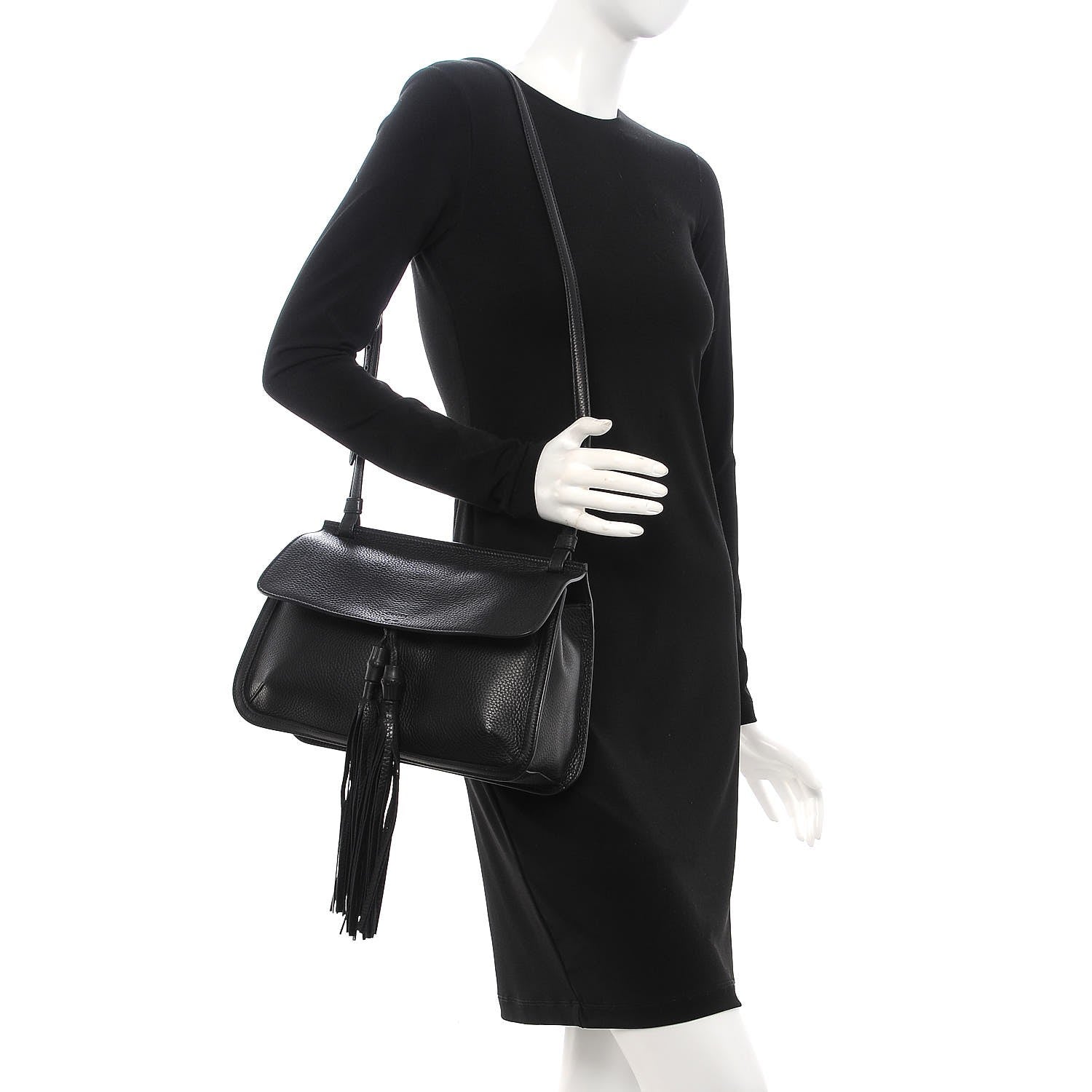 Gucci Pebbled Calfskin Medium Bamboo Daily Flap Shoulder Bag Black 2 of 6