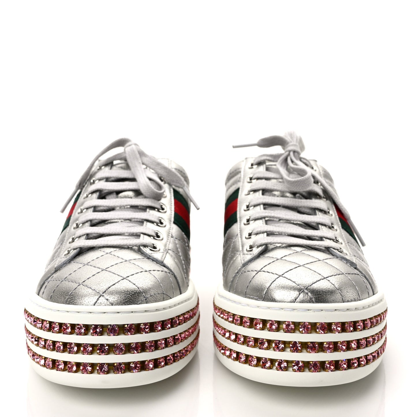 Laminated Nappa Crystal Web Bee Embroidered Trapuntata Womens Ace Platform Sneakers 38 Argento