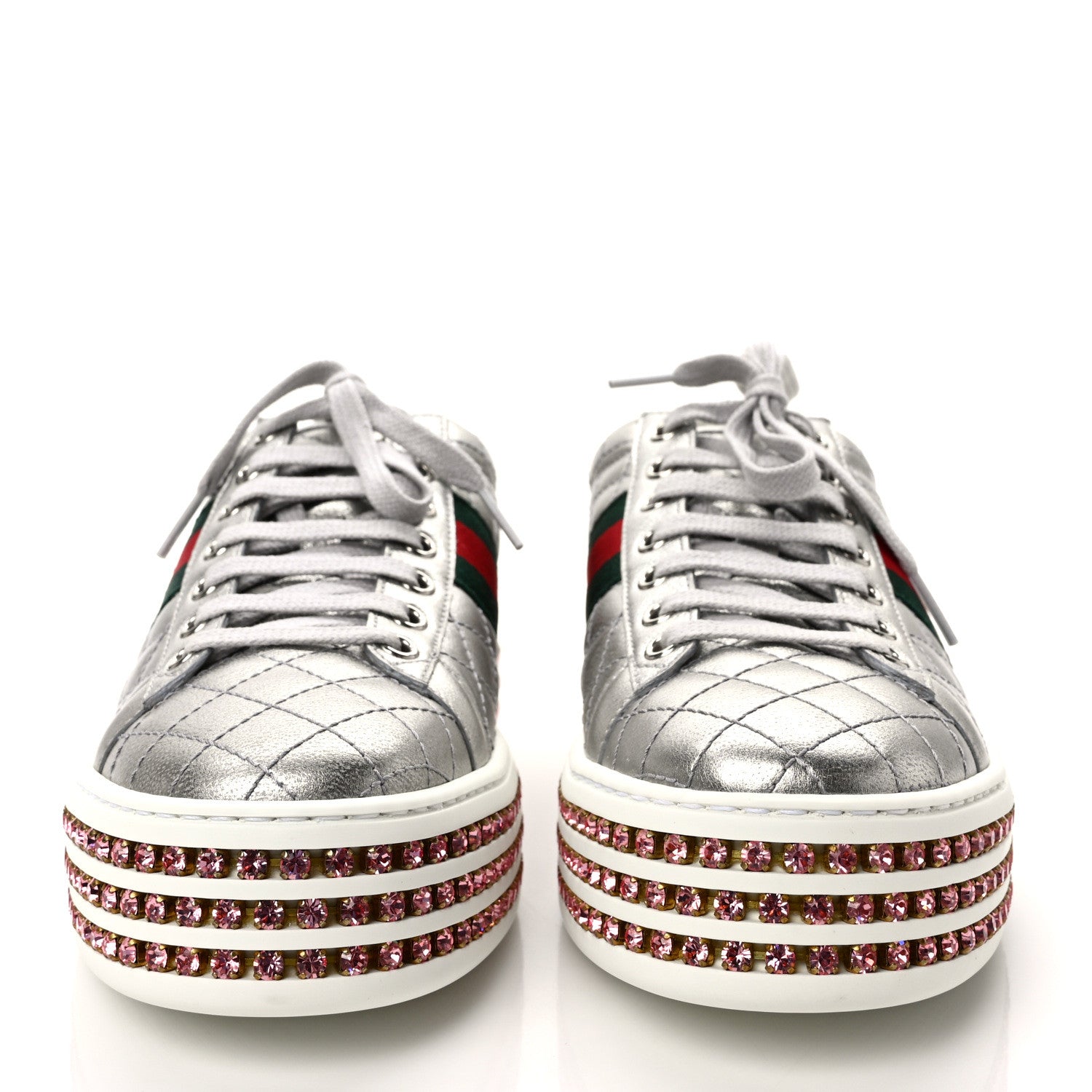 Gucci Laminated Nappa Crystal Web Bee Embroidered Trapuntata Womens Ace Platform Sneakers 38 Argento 2 of 10