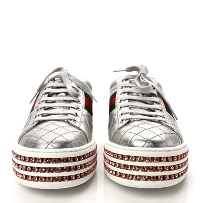 Gucci Laminated Nappa Crystal Web Bee Embroidered Trapuntata Womens Ace Platform Sneakers 38 Argento 2 of 10