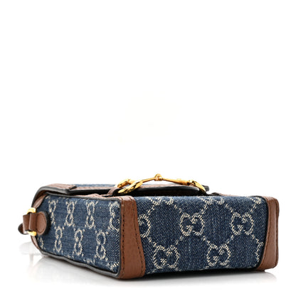 Gucci New Denim GG Monogram Dollar Calfskin Mini Horsebit 1955 Crossbody Bag Blue Tea Cuir Epilog 4 of 14