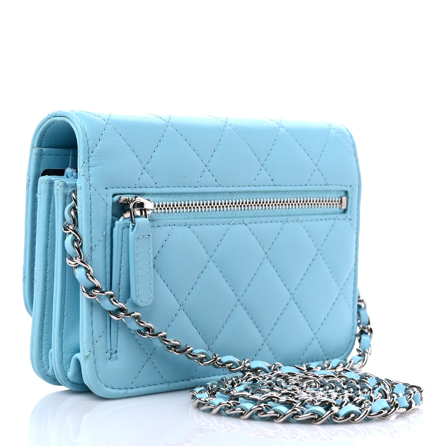 Chanel Lambskin Quilted Mini Wallet On Chain WOC Light Blue 3 of 14