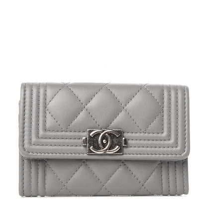 Chanel Lambskin Quilted Boy Card Holder Wallet Grey 1 of 7