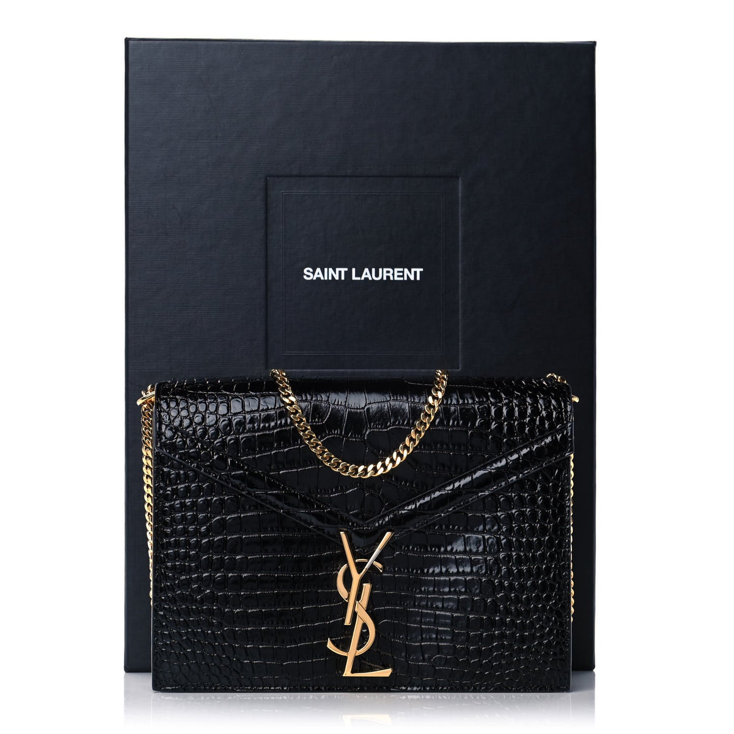 Patent Calfskin Crocodile Embossed Monogram Cassandra Chain Wallet Black