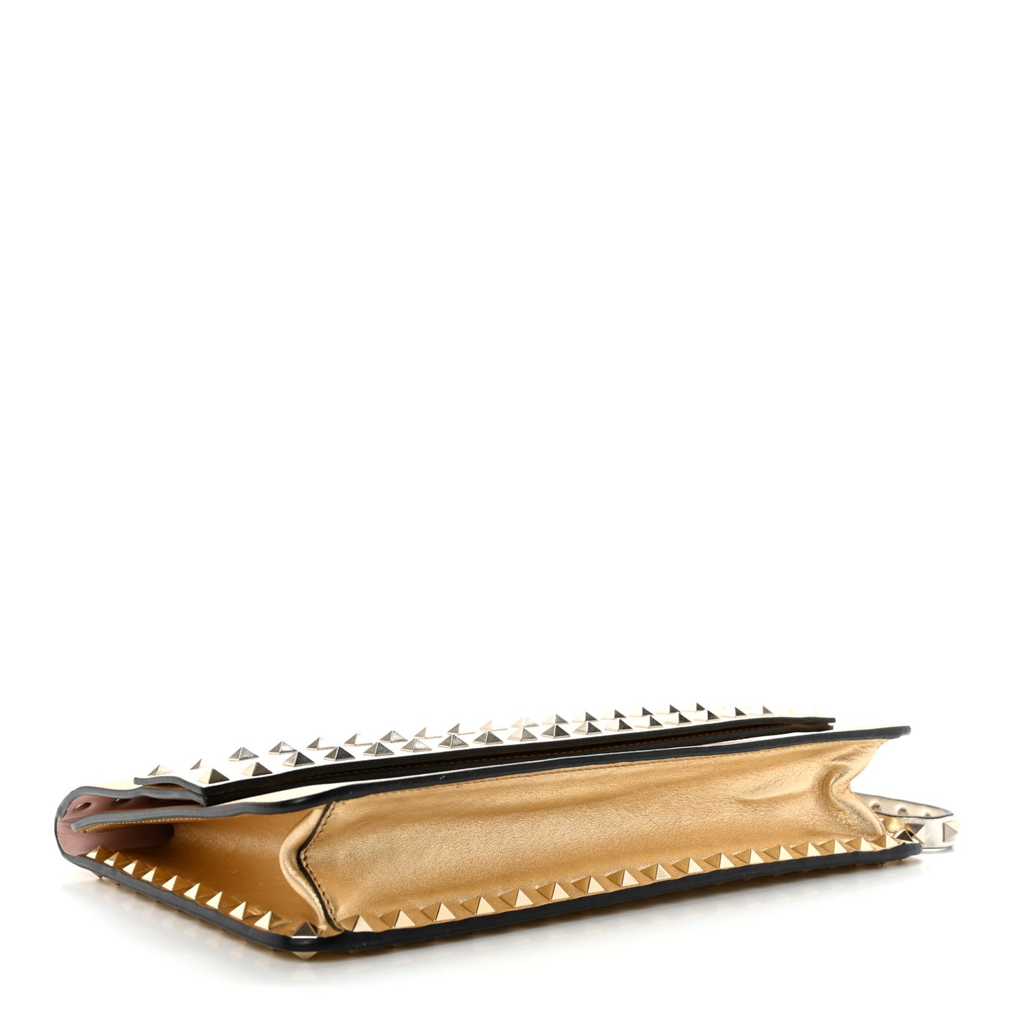 Metallic Calfskin Rockstud Side Slip Wristlet Clutch Gold